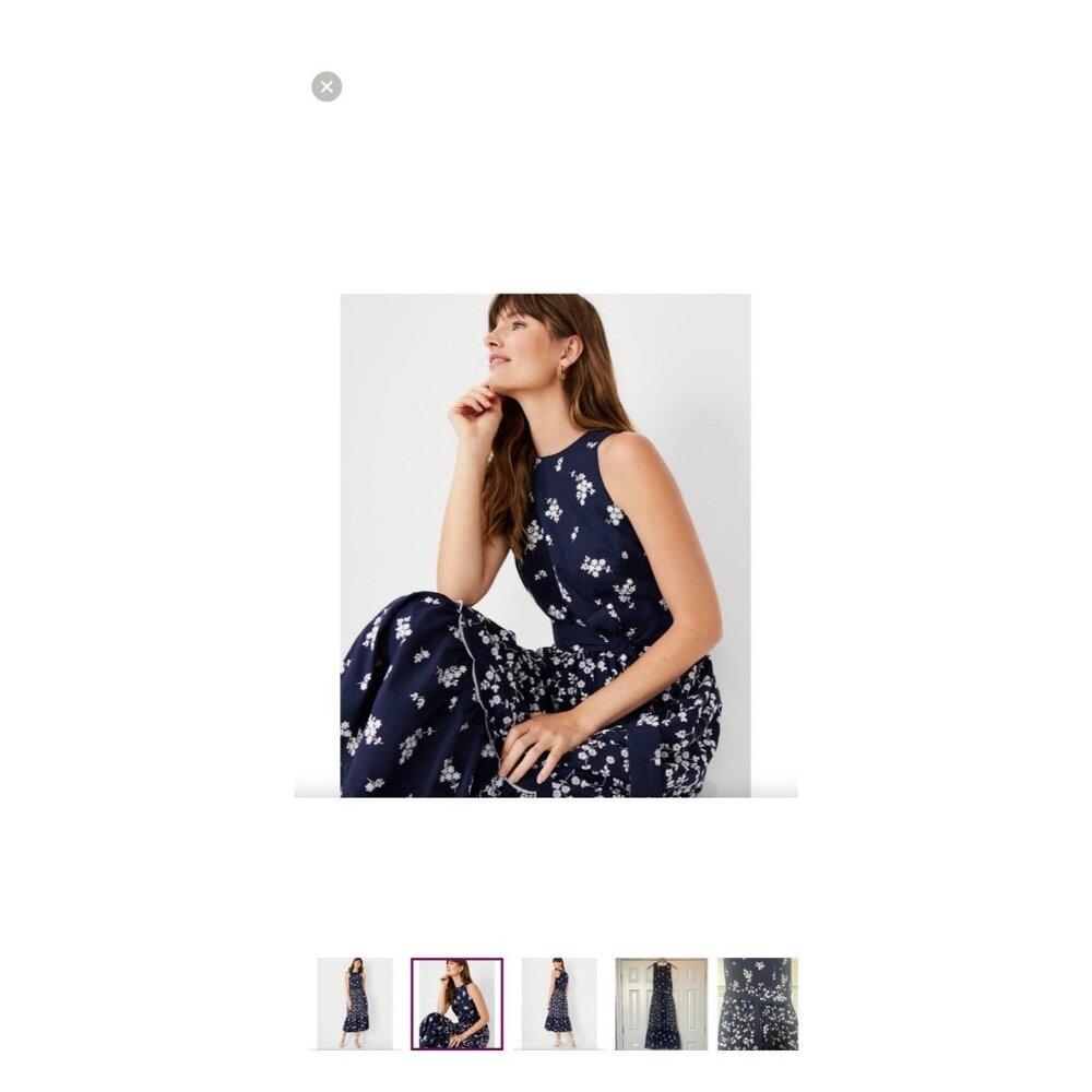 Ann Taylor Size 10P Navy Blue Floral Embroidered Midi Dress 100% Cotton Cottage - Picture 3 of 16